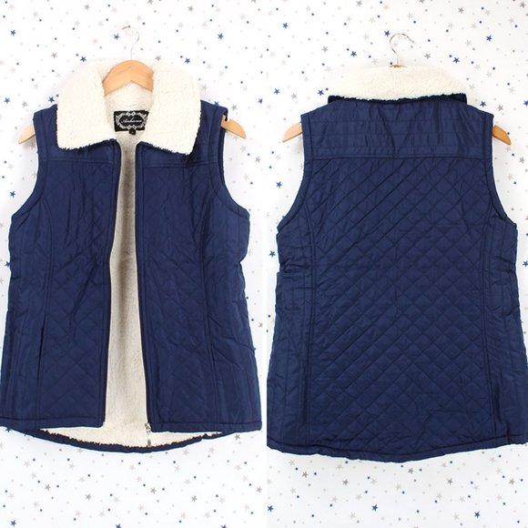 Navy Fur lined Sherpa Quilted Zip Up Vest - Picture 1 of 8